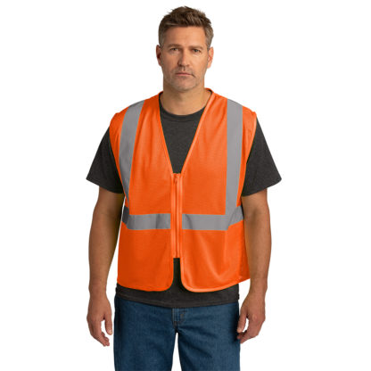 ANSI 107 Class 2 Economy Mesh Zippered Vest Safety Orange Model