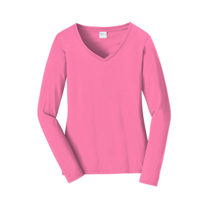 Port and Company Ladies Long Sleeve Fan Favorite VNeck Tee New Pink